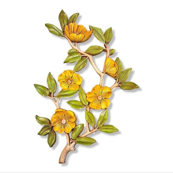 Large Vintage dart Syroco yellow and green cherry blossom wall décor - Picture 4 of 10